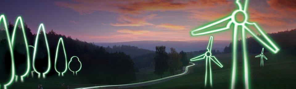 photo of the countryside with some turbines and trees drawn on in green