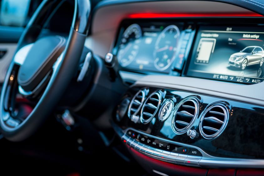 Interior of car, gadgets and display on screen