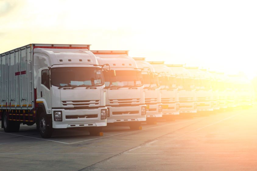 Row of HGVs with trailers with intense sunlight