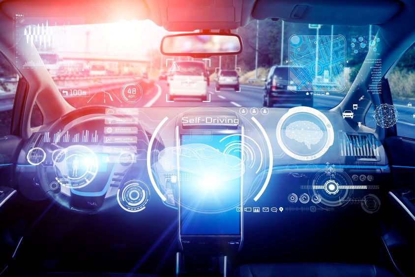 Interior of autonomous vehicle with graphics to indicate data transfer