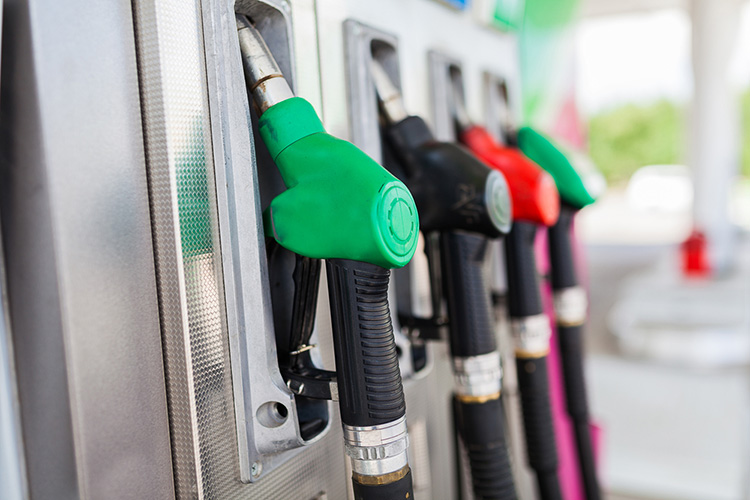 Close-up of several fuel pumps at a filling station