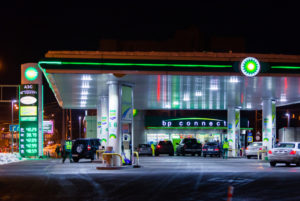 BP service station and shop at night