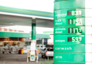 Fuel station with prices on display board