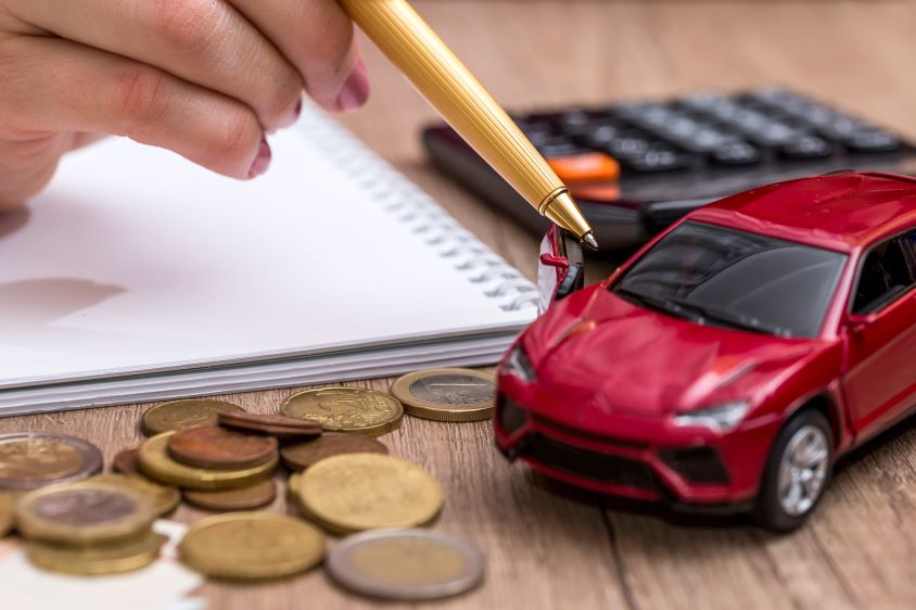 Calculating taxes with coins, calculator and toy car