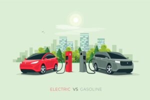 Cartoon electric and petrol car, charging and refuelling 