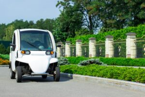 Small electric vehicle driving next to foliage