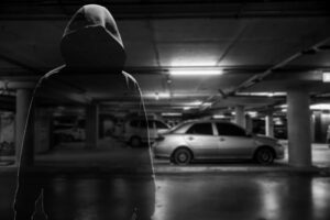 Black and white image of a suspicious hooded man in a car park