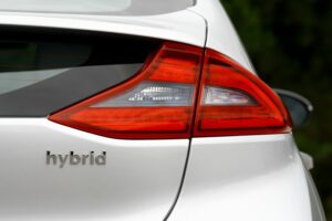 rear of white hybrid car