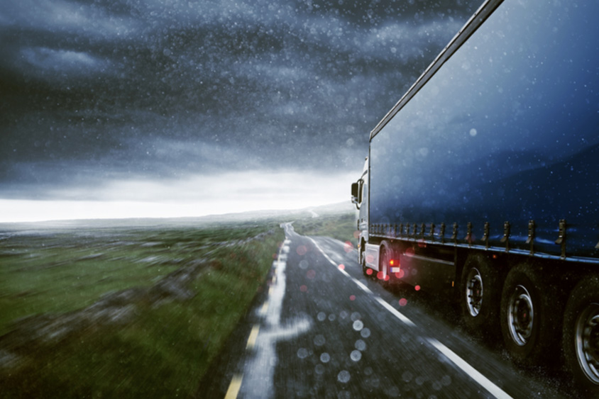 HGV driving through storm