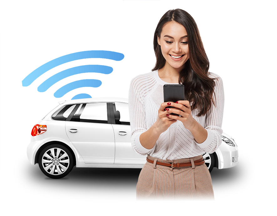 Woman tracking vehicle on phone