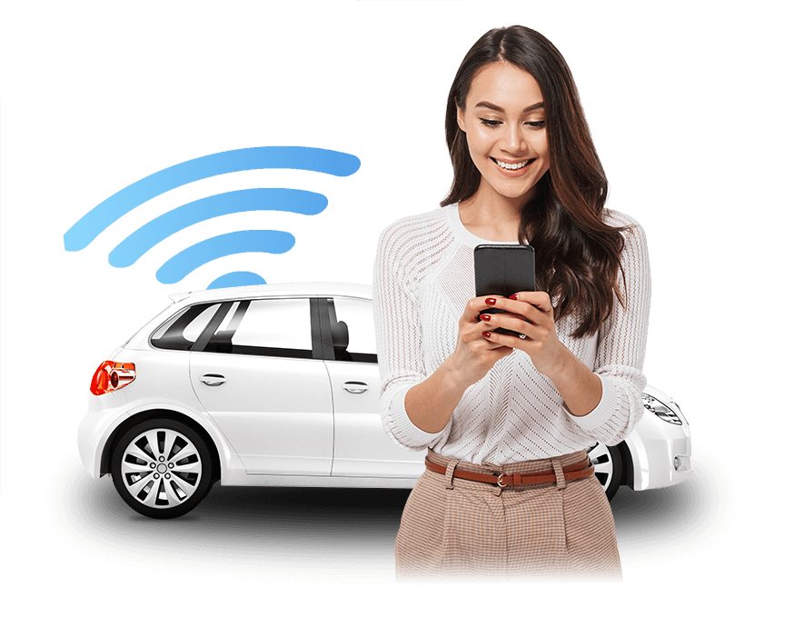 Woman tracking vehicle on phone